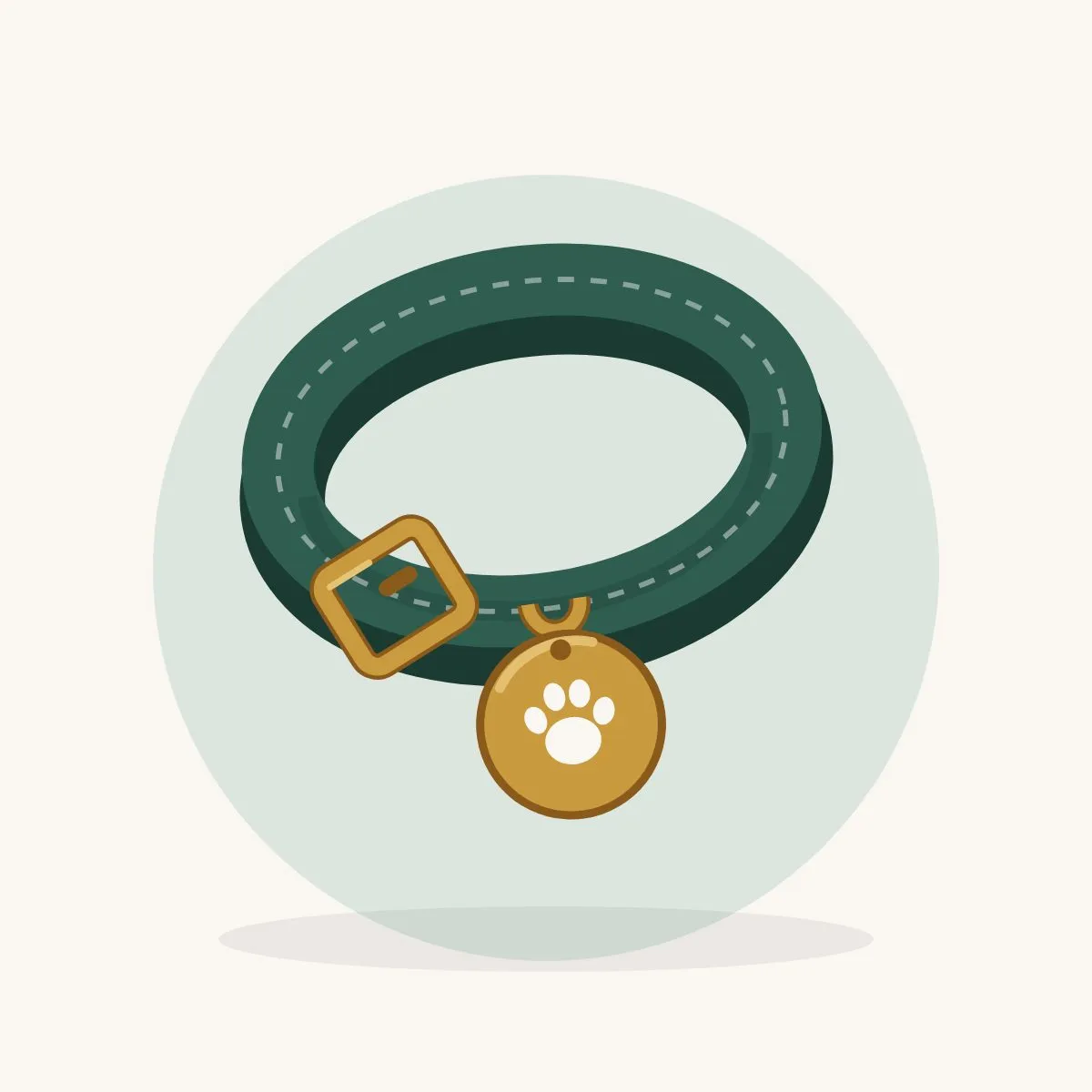 Illustration of a green collar with a brass buckle and paw tag
