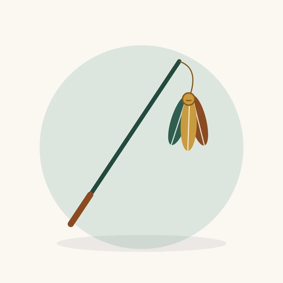 Illustration of a cat teaser wand with feathers and a bell